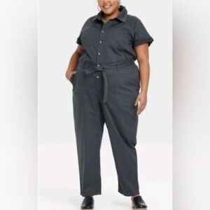 Ava & Viv Women’s Short Sleeve Boiler Jumpsuit- Gray Size 1X